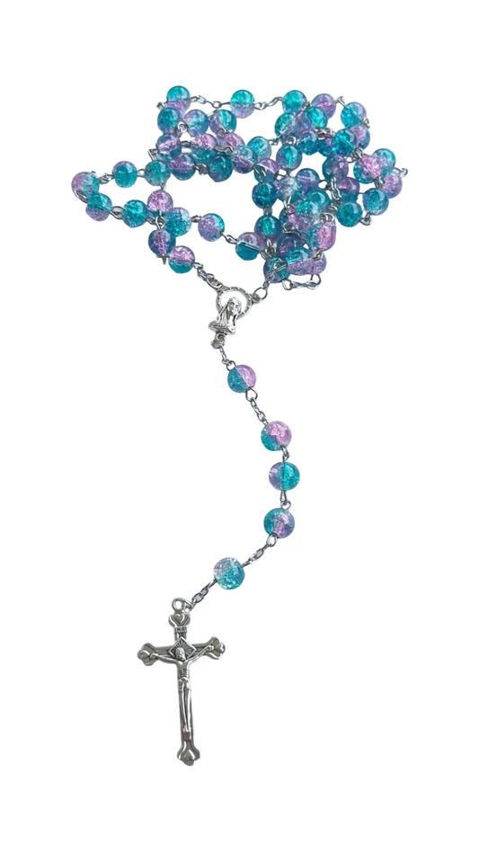 Glass Rosary Crackle Turquoise/Mauve Bead