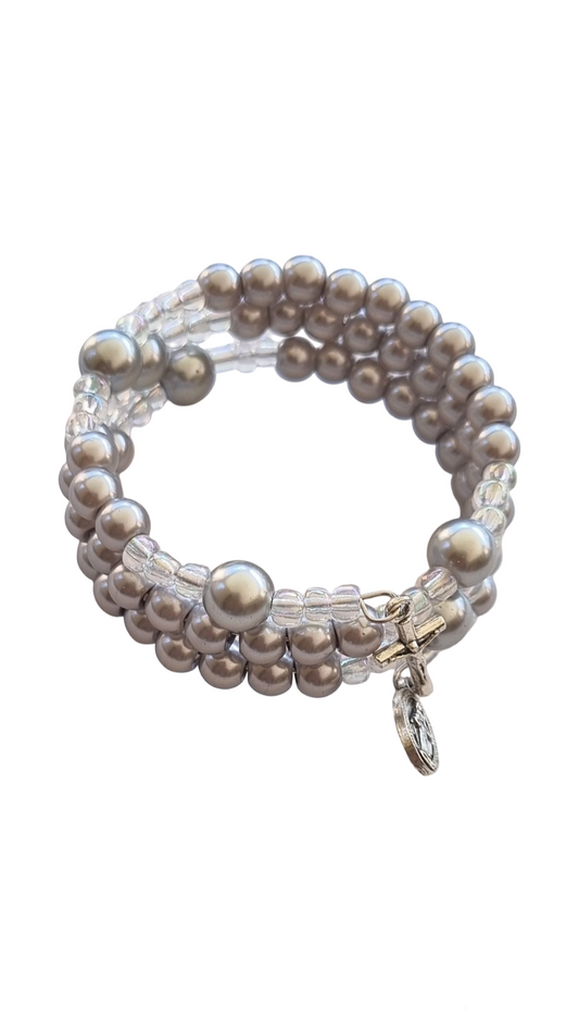 Silver pearl bead rosary wrap bracelet with miraculous medal and crucifix