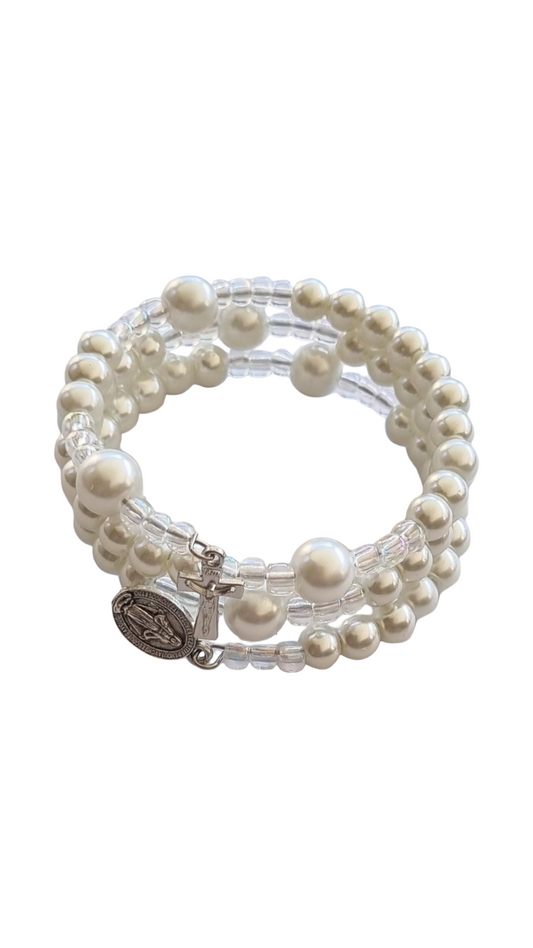 White pearl bead rosary wrap bracelet with miraculous medal and crucifix