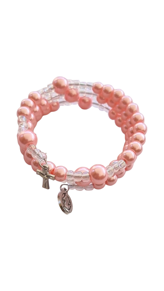 Pink pearl bead rosary wrap bracelet with miraculous medal and crucifix