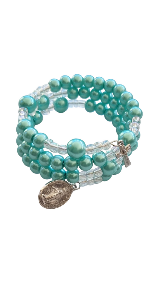 Blue pearl bead rosary wrap bracelet with miraculous medal and crucifix
